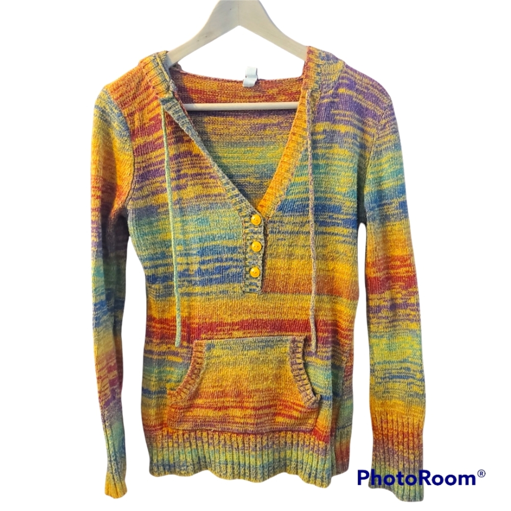 3 button Rainbow hooded sweater with front pocket